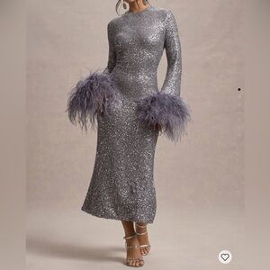 Silver sequin long-sleeve midi dress with feather cuffs